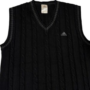 Vintage Adidas Sweater Vest Mens Asian Size M Black Cable Knit V-Neck Wool Blend